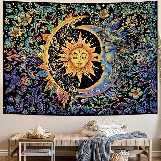 Sun and Moon Tapestry Psychedelic Mystic Floral Tapestry Hippie Boho Flower Plants Wall Tapestries Vintage Aesthetic Tapestries Wall Hanging for Bedroom
