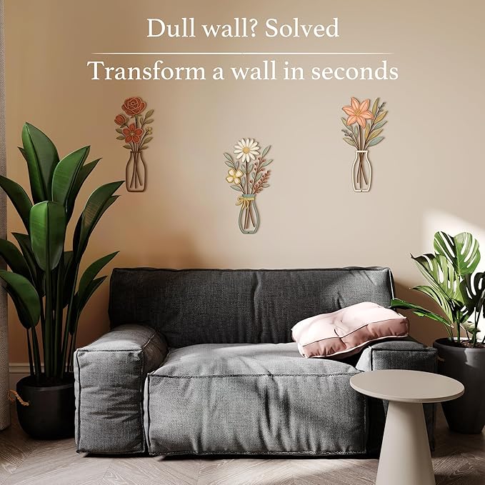 3 Piece Metal Flower Wall Art for Bedroom Living Room Rustic Farmhouse Floral Wall Decor for Bathroom Dining Room Boho Home Decorations Modern Minimalism Walls Hanging Sculptures