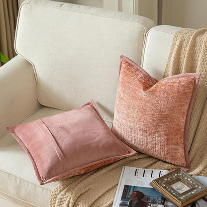 Yaertun Pack of 2 Chenille Textured Decorative Throw Pillow Covers Accent Solid Cushion Cover Soft Cozy Pillow Case with Velvet Back for Couch Sofa Bed Living Room 24x24 Inch Pink