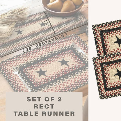 Homespice Primitive Star Gloucester Jute Braided Dinner Table Runner, Warm Primitive Decor, Set of 2, Black and Red Rectangle 8x28 - Rich Colors, Easy to Clean, Durable and Protects Furniture
