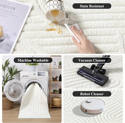 SHACOS Soft Cozy Fluffy Arch Pattern High Low Pile Runner Rugs 2'x6' Non Slip Washable Scandinavian Minimalist Rug Modern Geometric Arc Carpet for Living Room Bedroom Bathroom, Cream White