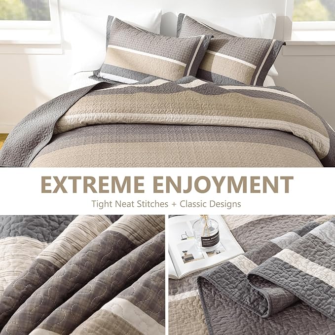 100% Cotton Quilts King Size, King Quilt Bedding Set Bedspread, Striped Quilt for King Bed, 3 Pieces Farmhouse Reversible Lightweight Comforter Bed Spread, Gray/Brown/Beige