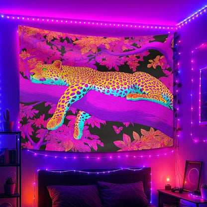 seewan Black Light Leopard Tapestry, UV-Reactive Glow-in-the-Dark Sleeping Jaguar Wall Hanging, Psychedelic Pink Jungle Animal Art Wall Decoration for Bedroom, Dorm, or Living Room Background
