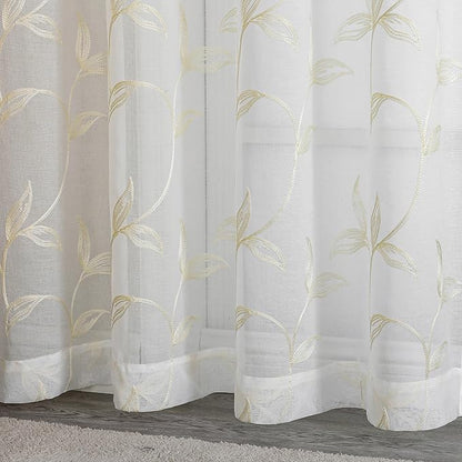 VISIONTEX Sheer Curtains 63 Inch Length 2 Panels Set Cream Beige Embroidered Floral Leaf Pattern Rod Pocket Semi Sheer Voile Window Curtains/Drapes for Bedroom Living Room 54 x 63 Inches
