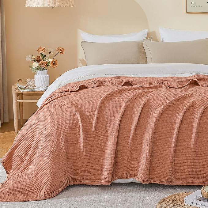 EMME Cotton Muslin Large Throw Blanket Couch Breathable Gauze Blanket Soft Lightweight Bed Blankets Adults (Orange Red, 50"x70")