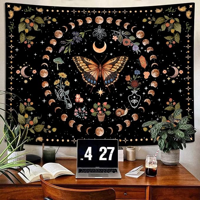 Aipon Yellow Butterfly Moon Flower Tapestry Botanical Floral Plant Boho Tapestry for Bedroom Aesthetic Vintage Tapestries Wall Hanging for Living Room Dorm (44.00'' × 60.00'', Yellow)