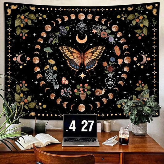 Aipon Yellow Butterfly Moon Flower Tapestry Botanical Floral Plant Boho Tapestry for Bedroom Aesthetic Vintage Tapestries Wall Hanging for Living Room Dorm (60.00'' × 80.00'', Yellow)