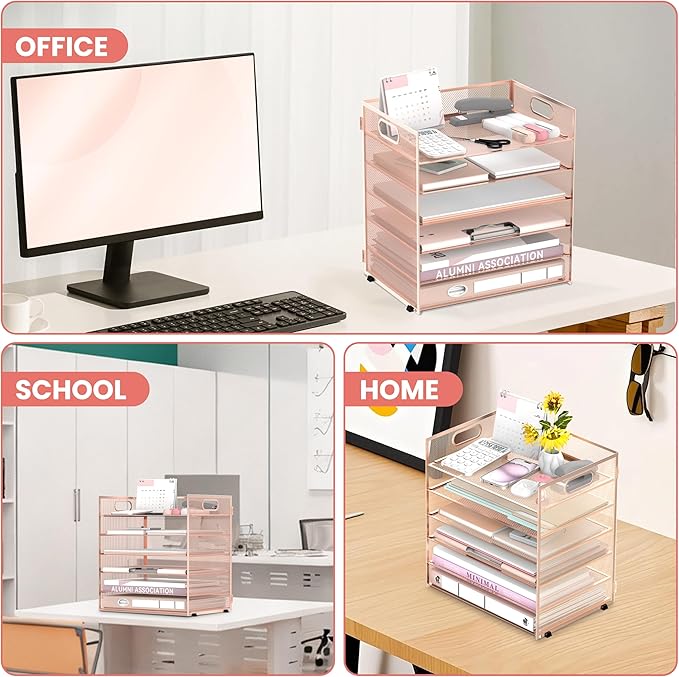 Daltack 6 Tier Paper Organizer for Desk, Paper Letter Tray Organizer for Desks, Mesh Desk File Organizers with Handle for Office, Home, School, Rose Gold, 2 Pack