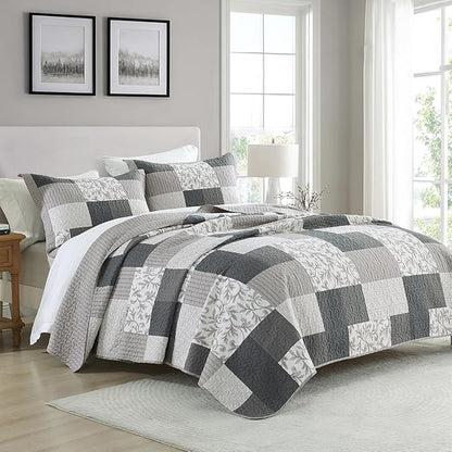 PERHOM King Size Quilt Set, 3 Pieces 100% Cotton King Quilted Comforter Set with 2 Pillow Shams, Farmhouse Plaid Botanical Pattern, Lightweight Reversible Coverlet Bedspread, Charcoal/Khaki/Beige
