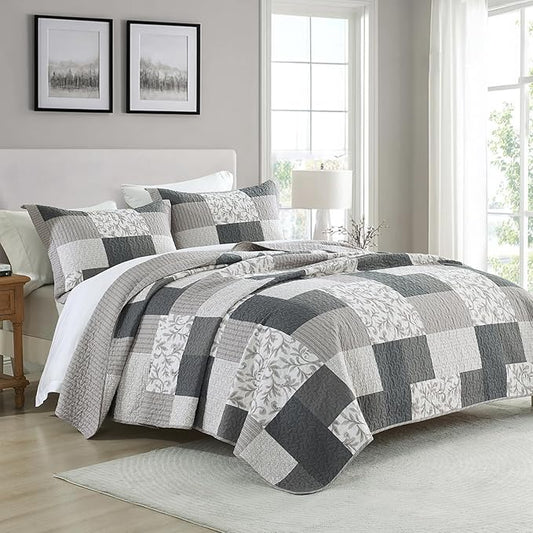 PERHOM Queen Size Quilt Set, 3 Pieces Queen 100% Cotton Quilted Comforter Set with 2 Pillow Shams, Farmhouse Plaid Botanical Pattern, Lightweight Reversible Coverlet Bedspread, Charcoal/Khaki/Beige