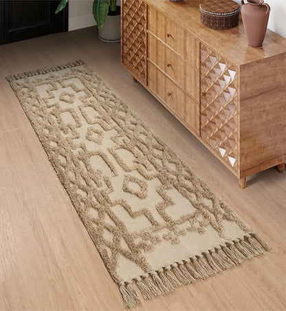 Uphome Boho Hallway Runner Rug 2' x 6', Khaki Cotton Washable Bathroom Rug Runner with Tassels, Hand Woven Tribal Kitchen Runners, Morrocan Accent Throw Carpet for Laundry Porch Bedroom Living Room