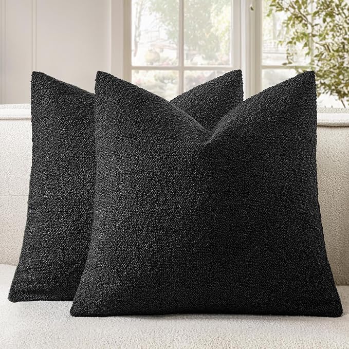 Woaboy Pack of 2 18x18 Inch Decorative Boucle Throw Pillow Covers Textured Square Pillowcaes Accent Solid Cozy Soft Cushion Covers Home Decor for Sofa Couch Living Room Home Decor,Black