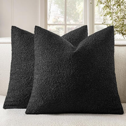 Woaboy Pack of 2 18x18 Inch Decorative Boucle Throw Pillow Covers Textured Square Pillowcaes Accent Solid Cozy Soft Cushion Covers Home Decor for Sofa Couch Living Room Home Decor,Black