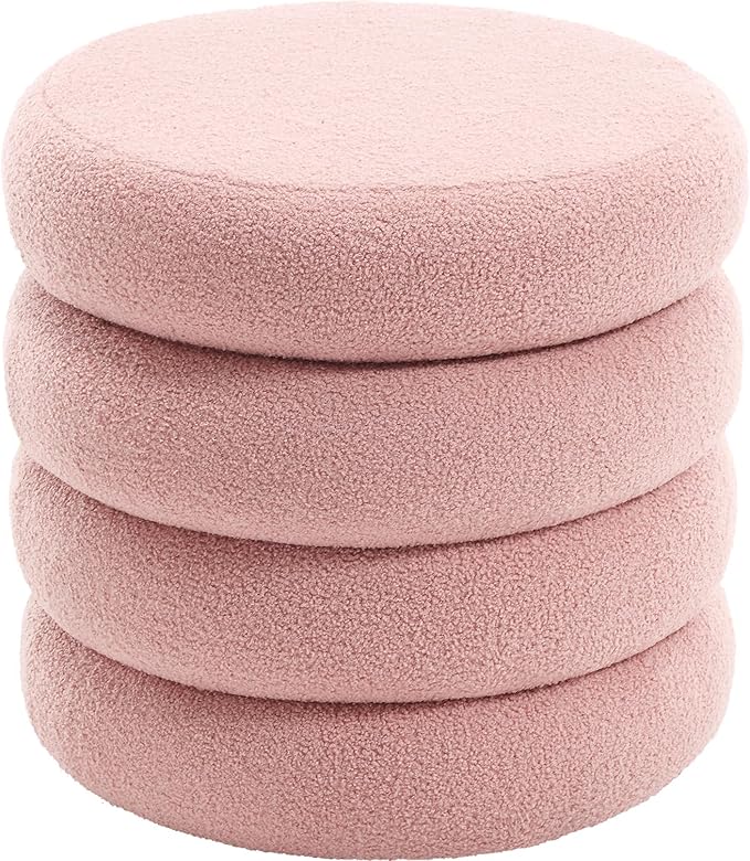 Flouki 20.1" Storage Ottoman Round, Vanity Stools for Bedroom, Sherpa Pouf Ottoman with Removable Lid, Modern Ottoman Stool for Girls Women, Foot Stool for Living Room, Pink