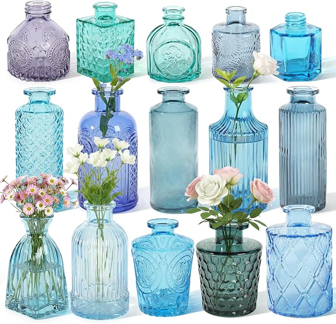 Set of 15 Blue Colored Glass Bud Vases - Small Textured Flower Vases for Centerpieces, Wedding Table Decor, Retro Home Decor Bulk Vase Set for DIY, Events & Gifts