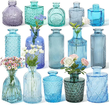 Set of 15 Blue Colored Glass Bud Vases - Small Textured Flower Vases for Centerpieces, Wedding Table Decor, Retro Home Decor Bulk Vase Set for DIY, Events & Gifts