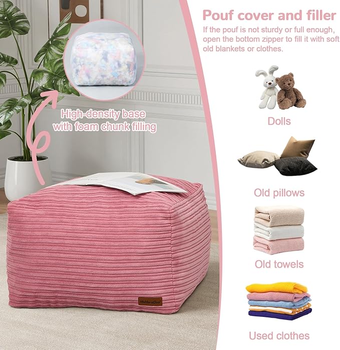 MeMoreCool Square Stuffed Pouf Ottoman Foot Rest, Stripe Furry Floor Pouf Foot Stool with Foam Chunk Filling, Soft Fluffy Stuffed Ottoman Footrest for Living Room, Corduroy Pink