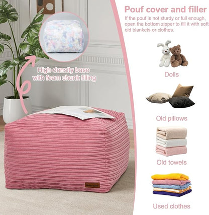 MeMoreCool Square Stuffed Pouf Ottoman Foot Rest, Stripe Furry Floor Pouf Foot Stool with Foam Chunk Filling, Soft Fluffy Stuffed Ottoman Footrest for Living Room, Corduroy Pink
