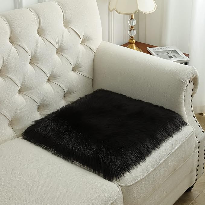 Softlife Black Faux Fur Sheepskin Chair Cover Seats Cushion Pad Super Soft Area Rugs for Living Bedroom Sofa Dorm (1.6ft x 1.6ft)