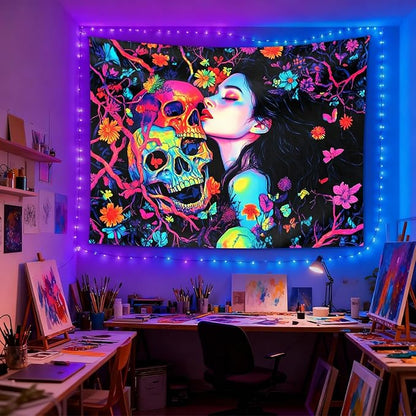 seewan Black Light Skeleton and Girl Tapestry, Glow-in-the-Dark UV Neon Woman Kissing Skeleton Wall Hanging, Psychedelic Life and Death Art Tapestry, Bedroom Dorm Living Room Background Decor