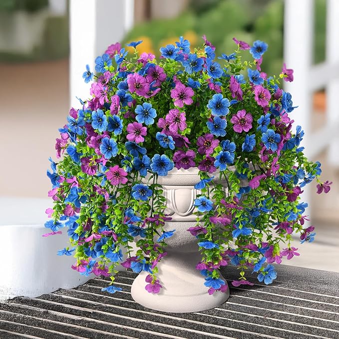 INQCMY 2Pcs Artificial Fake Hanging Flowers for Outdoors UV Resistant Artificial Plants for Spring Summer Decor Look Real Faux Flowers for Outside Home Planter Porch Patio Decor
