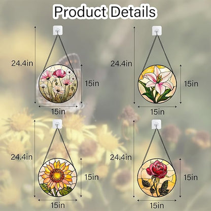 Stained Glass Window Hanging 4 Pcs Set Lily Rose Sunflower Poppy Large 15" - Flower Suncatcher Door Garden Sun Catcher Decor Birthday Mother's Day for Wife Woman Nana Girl