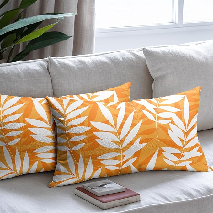 Fall Leaf Pillow Covers 12x20 Set of 2 Orange White Seasonal Autumn Leaves Rustic Decorative Lumbar Throw Pillows Outdoor Pillowcase Farmhouse Linen Cushion Case Decor for Home Sofa Couch Bed