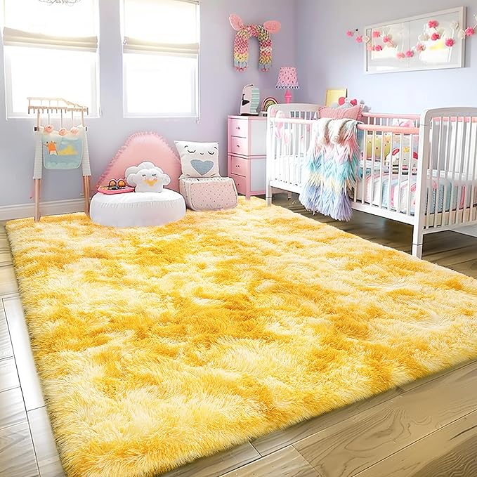 8x10 Large Area Rugs for Living Room, Ultra Fluffy Shag Rug for Bedroom, Modern Plush Soft Carpet for Girls Boys Kids Room Dorm Fuzzy Non Slip Rug for Home Decor Aesthetic, Tie-Dyed Yellow