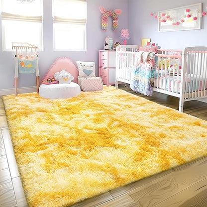 8x10 Large Area Rugs for Living Room, Ultra Fluffy Shag Rug for Bedroom, Modern Plush Soft Carpet for Girls Boys Kids Room Dorm Fuzzy Non Slip Rug for Home Decor Aesthetic, Tie-Dyed Yellow