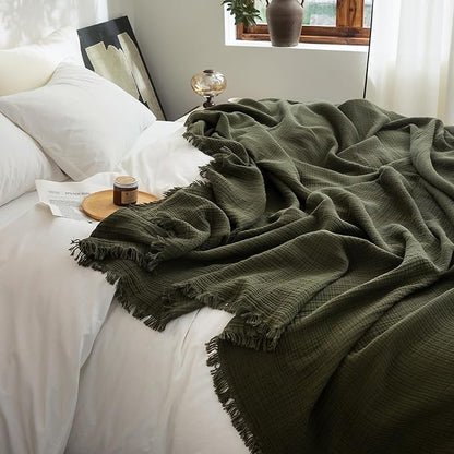 FOSSA Muslin Blanket with Fringe - 4-Layer 100% Cotton Gauze Super Soft & Breathable Throw -Lightweight Decorative Cooling Blanket for Bed, Sofa, Office -Throw XL Size 70" x 50" (Olive Green)