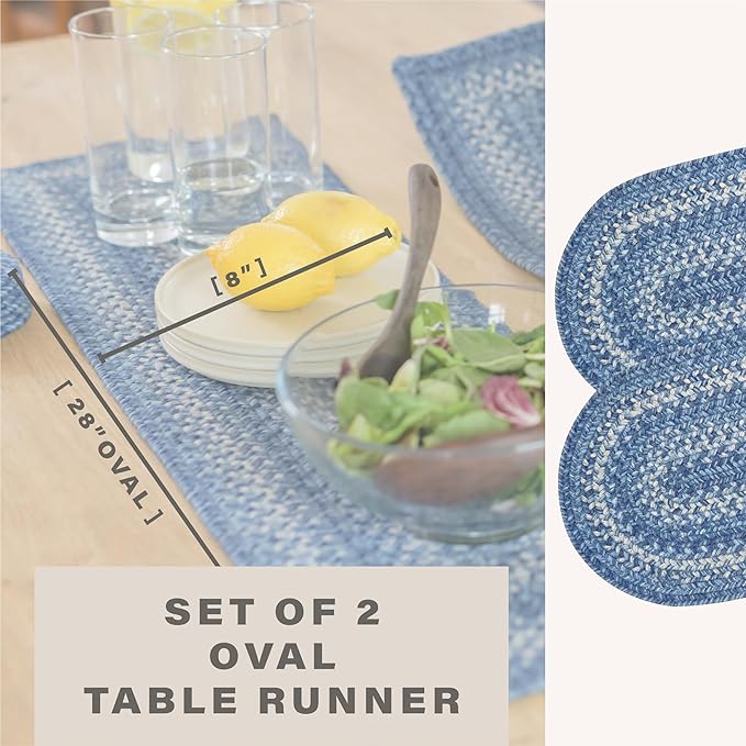 Homespice Denim Jute Braided Table Runner, Coastal Blue Decor, Set of 2, Blue Oval 8x28 - Rich Colors, Easy to Clean, Durable and Protects Furniture