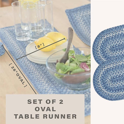Homespice Denim Jute Braided Table Runner, Coastal Blue Decor, Set of 2, Blue Oval 8x28 - Rich Colors, Easy to Clean, Durable and Protects Furniture