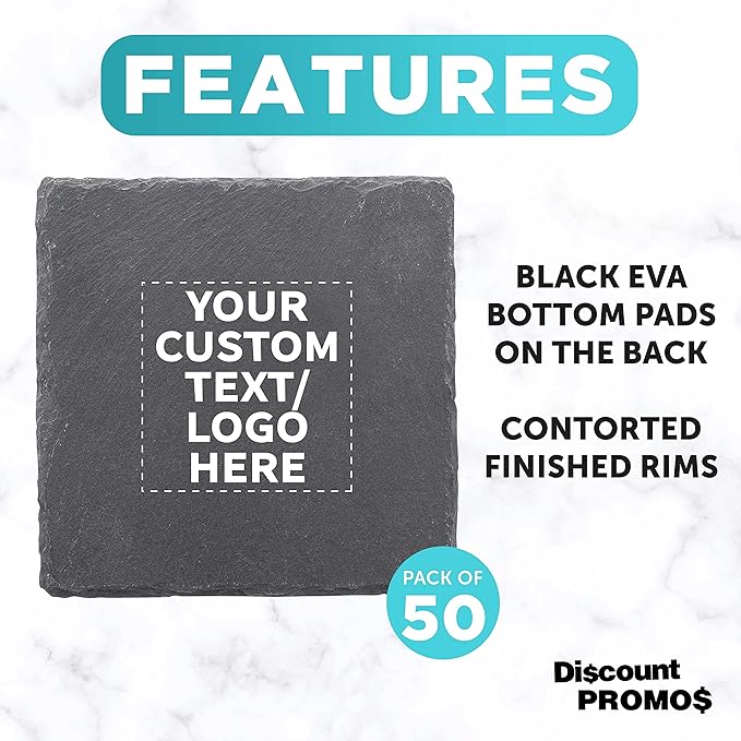 Custom Sohag Square Slate Coasters Set of 50, Personalized Bulk Pack - Table Decor, Kitchen Decor, Wedding Favors - Black