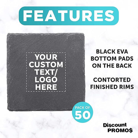 Custom Sohag Square Slate Coasters Set of 50, Personalized Bulk Pack - Table Decor, Kitchen Decor, Wedding Favors - Black