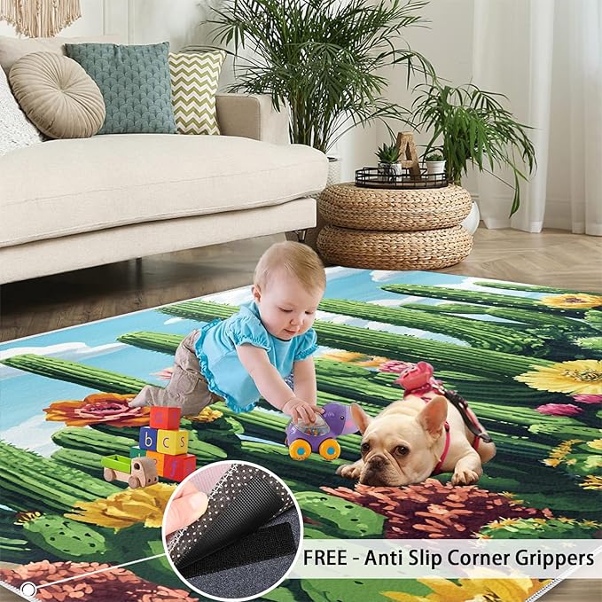 Cactus Living Room Rugs, Desert Oasis Area Rugs 6x9 Rug Succulents Non-Slip Washable Rugs Stain Resistant Rug Low-Pile Throw Rug for Bedroom Dining Room Office