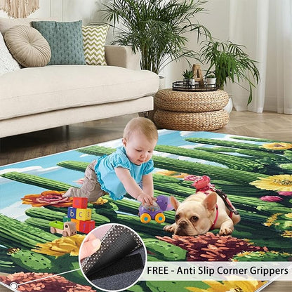 Cactus Living Room Rugs, Desert Oasis Area Rugs 6x8 Rug Succulents Non-Slip Washable Rugs Stain Resistant Rug Low-Pile Throw Rug for Bedroom Dining Room Office