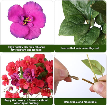 Fake Hibiscus Artificial Hanging Flowers Plants for Outdoors Spring Decoration, 2pcs Silk Hibiscus Vines Realistic UV Resistant Faux Flowers for Outside Planter Porch Patio Yard Wedding Party, Mix