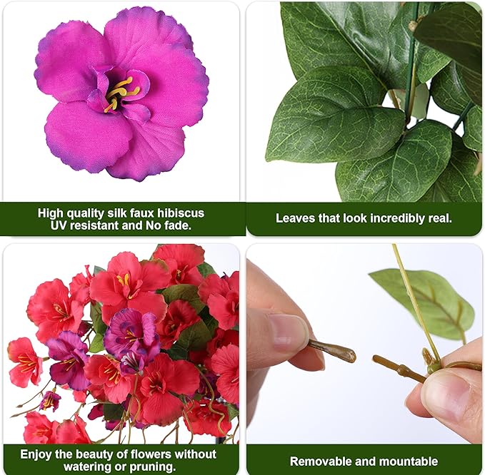 Fake Hibiscus Artificial Hanging Flowers Plants for Outdoors Spring Decoration, 4pcs Silk Hibiscus Vines Realistic UV Resistant Faux Flowers for Outside Planter Porch Patio Yard Wedding Party, Mix