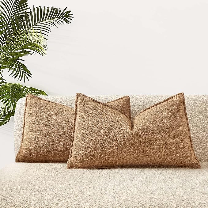 JUSPURBET 16x24 Pillow Covers Set of 2 Decorative Throw Pillow Covers Case for Couch Sofa Bed Soft Boucle Textured Lumbar Cushion Covers with Hidden Zipper for Home Decor Living Room,Camel