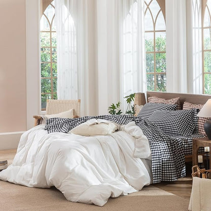 MooMee Gingham Sheet Set 100% Washed Cotton Linen Like Textured Breathable Soft w/ Fully Elasticized 16-19" Deep Pocket (Classic Gingham Black White, King)