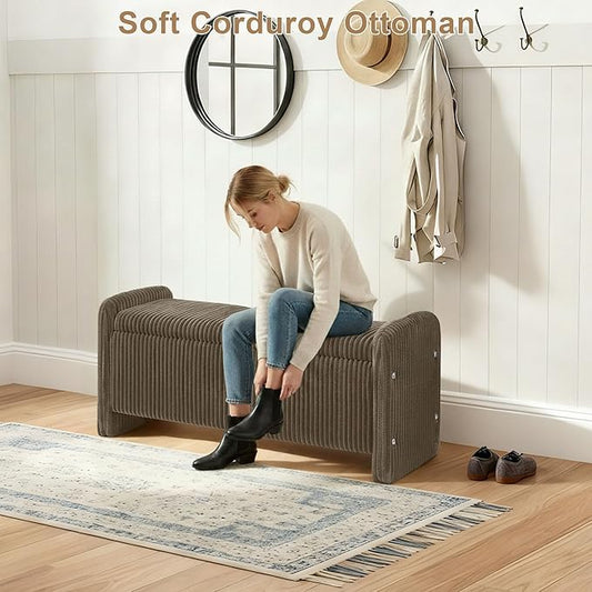 44" Storage Ottoman Bench, Upholstered End of Bed Storage Benches, Rectangle Ottoman with Storage for Bedroom, Entryway, Corduroy Brown