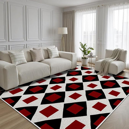 Plaid Rug 3x5, Vintage Geometric Soft Ultra Soft Faux Wool Low Pile Rug, Indoor Floor Mats Carpet, Non-Slip Stain Resistant Washable Rugs, Modern Red Rugs for Living Room Home Office Decor