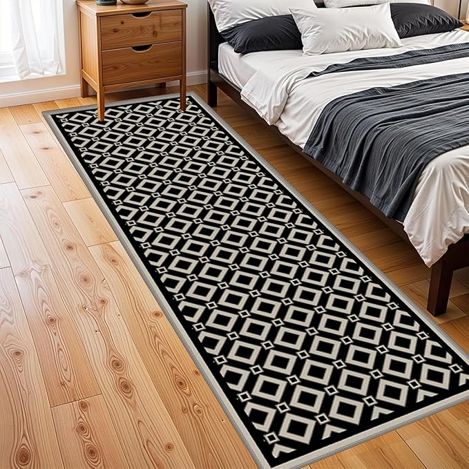 Moroccan Trellis Bedroom Area Carpets, 1.3x7ft, Modern Checkered Washable Hallway Runner Rugs, with Non Slip Backing Durable Cozy Low Pile Rug for Kitchen Bath Room Laundryroom