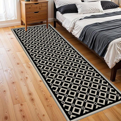 Moroccan Trellis Bedroom Area Carpets, 2x7ft, Modern Checkered Washable Hallway Runner Rugs, with Non Slip Backing Durable Cozy Low Pile Rug for Kitchen Bath Room Laundryroom
