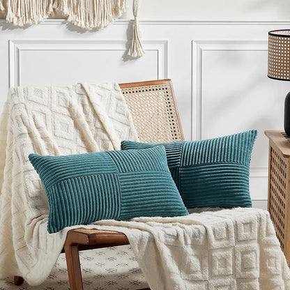 Fancy Homi 2 Packs Teal Lumbar Decorative Throw Pillow Covers 16x28 Inch for Living Room Couch Bed Sofa, Rustic Farmhouse Boho Home Decor, Soft Striped Corduroy Rectangle Accent Cushion Case 40x70 cm