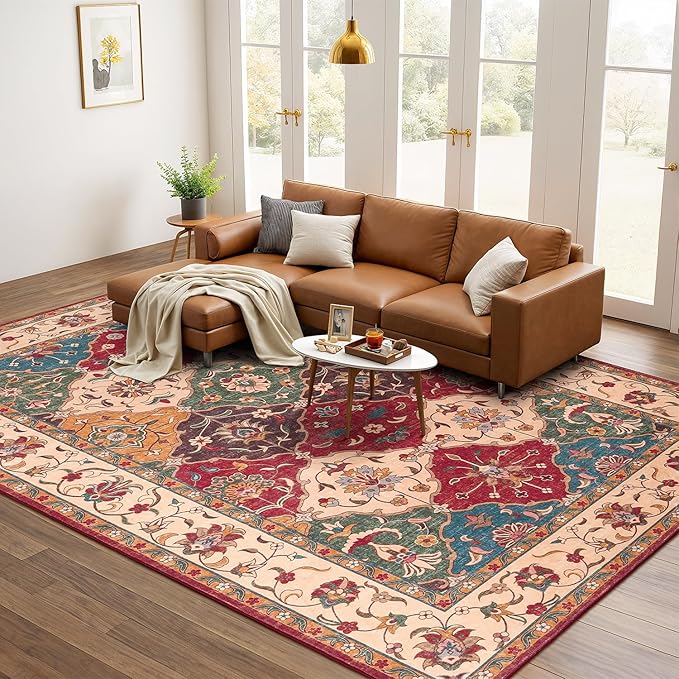 Lessymo Moroccan Washable Area Rugs 5x7, Soft Rugs for Living Room Bedroom, Indoor Non-Slip Large Vintage Carpet for Entryway Home Office, Classic Red and Cream