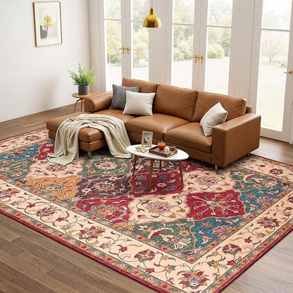 Lessymo Moroccan Washable Area Rugs 5x7, Soft Rugs for Living Room Bedroom, Indoor Non-Slip Large Vintage Carpet for Entryway Home Office, Classic Red and Cream