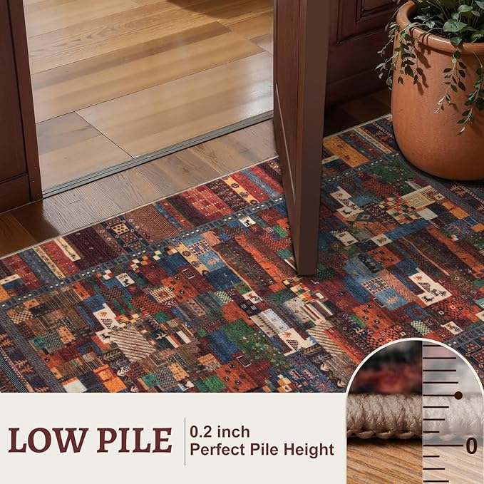 Tangsoo 3x5 Washable Rug, Vintage Throw Rugs Non Slip, Soft Low Pile Floor Rug Tribal Indoor Area Rugs Carpet for Living Room Bedroom Office Laundry Bedside Entrance Entryway(Red Multi)