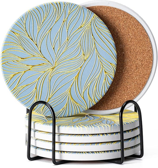 Hoewina 6Pcs Drink Coasters with Holder, Marble Style Ceramic Drink Coaster, Absorbent Coasters Set Suitable for Kinds of Cups, Modern Style Coaster for Coffee Table, 4 Inches（Gilded Relief