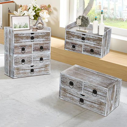 Washed Brown Wood Desk Organizer, Desktop Organizer with Drawers, Mini Tabletop Storage Organization Container for Home Office Supplies, No Assembly Required (3 Drawer)